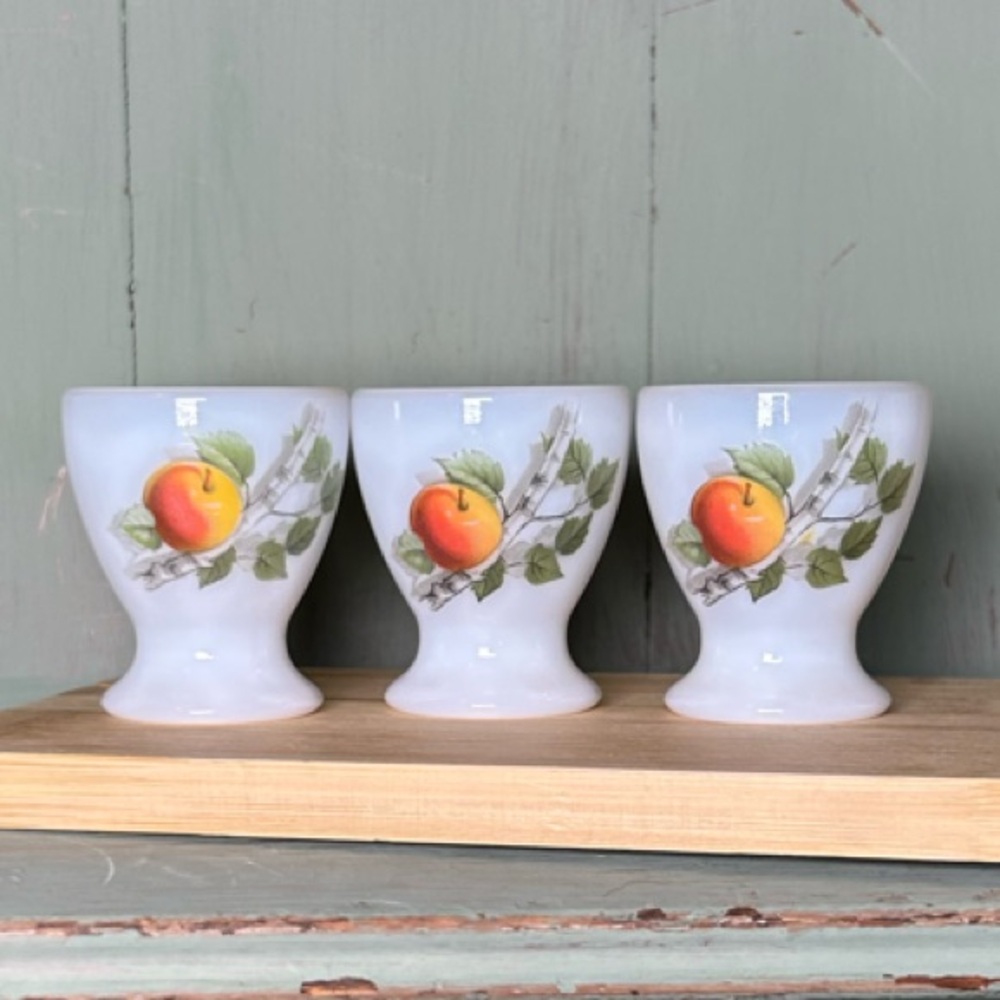 Set of 3 Vintage Milk Glass Egg Cups, Fruits de France